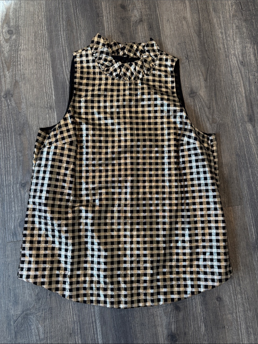 J. Crew Black and Cream Gingham Ruffle-Neck Sleeveless Top SZ: S